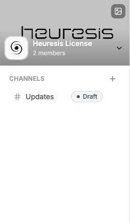 The Heuresis studio rail — the Heuresis License space with its channels and Updates