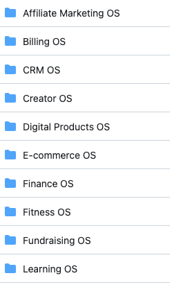 The OS folders — affiliate marketing, billing, CRM, creator, digital products and more